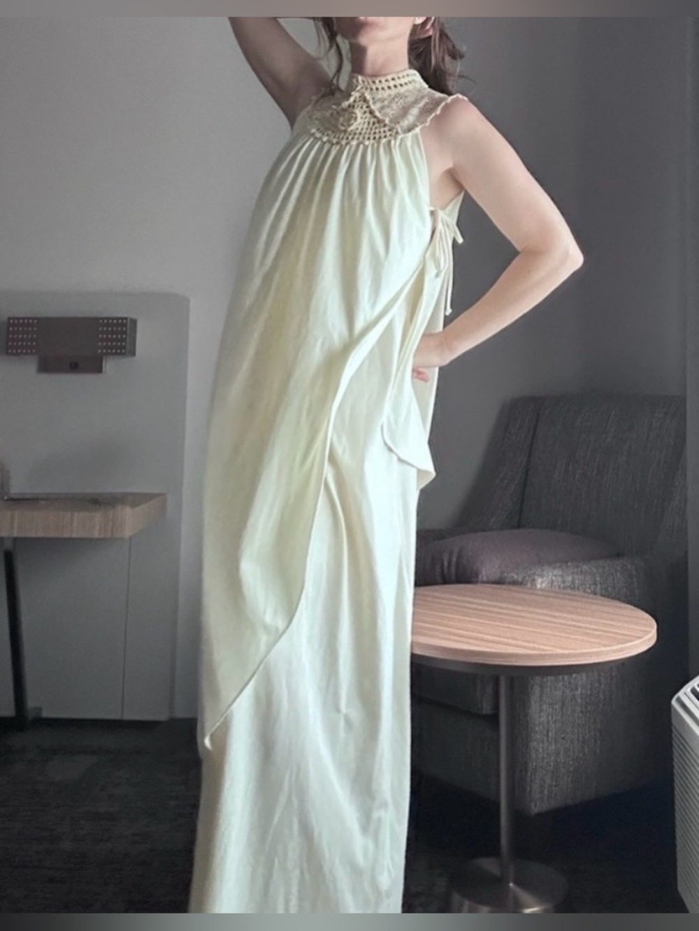 VTG 70’s Cream Crochet Maxi Side Tie Tiered Maxi Dress Size Small